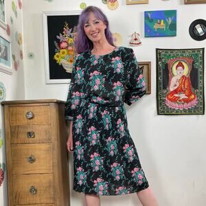 Vintage Floral Secretary Dress, 1980s Dark Pink Flower Print Plus Size 1X